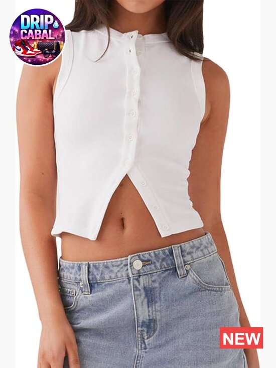 Tops - Womens Button Down Tank Top Sleeveless Ribbed Fitted Vest Crop Knit Streetwear